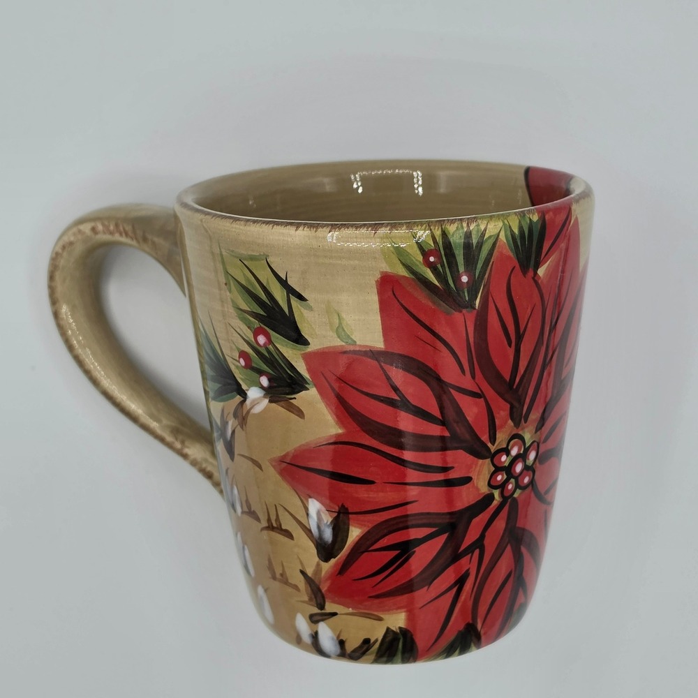 DiningStyle Hand Painted Poinsettia Ceramic Coffee Mug Tan Red Holiday Floral